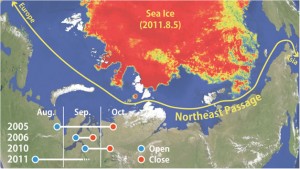8月5日北極海航路の状況と、これまでの開通期間（Global Ice Center調べ）