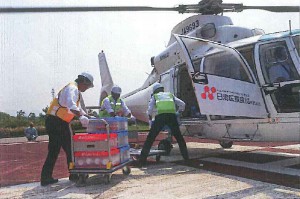 ▲ヘリコプターから物資を搬出する様子（2013年の訓練、出所：日清医療食品）