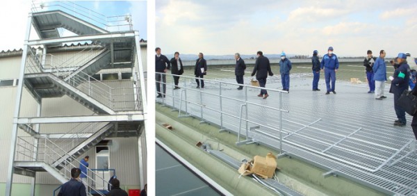 ▲2012年に更新したタイヤ物流倉庫（左）大型避難階段と屋上テラス部分（右）