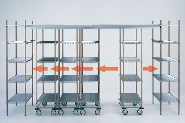 台車とレール設置するだけで移動棚になるシステム