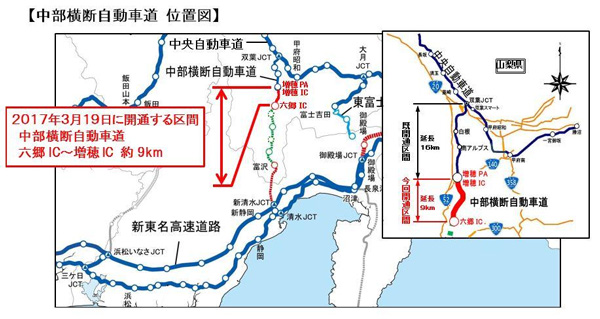 NEXCO中、中部横断道六郷IC-増穂IC間が319に開通